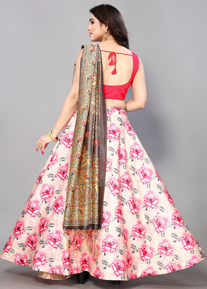 3 Pc Cream Silk Semi Stitched Lehenga Set