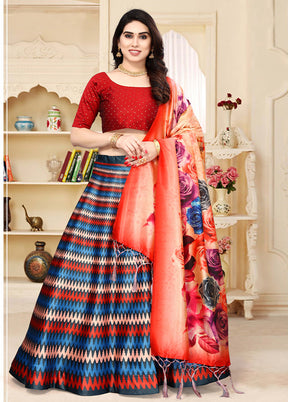 3 Pc Multicolor Silk Semi Stitched Lehenga Set