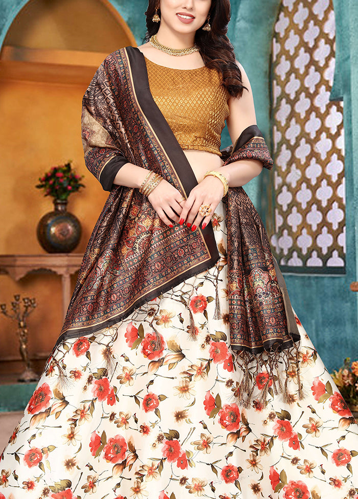 3 Pc Cream Silk Semi Stitched Lehenga Set