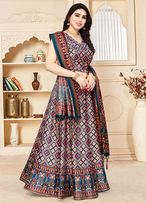 3 Pc Multicolor Silk Semi Stitched Lehenga Set