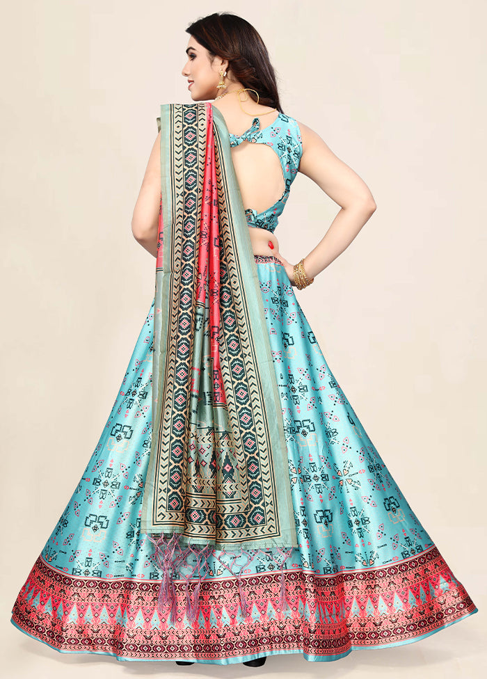 3 Pc Sky Blue Silk Semi Stitched Lehenga Set