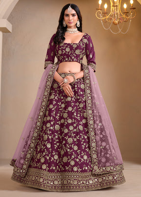 3 Pc Wine Silk Semi Stitched Lehenga Set