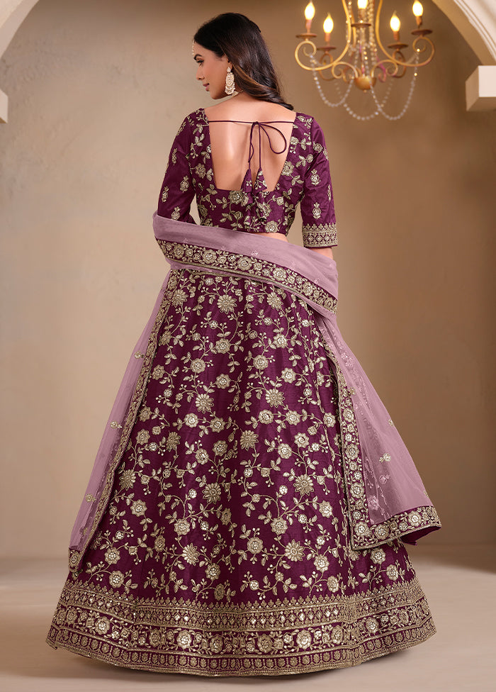 3 Pc Wine Silk Semi Stitched Lehenga Set