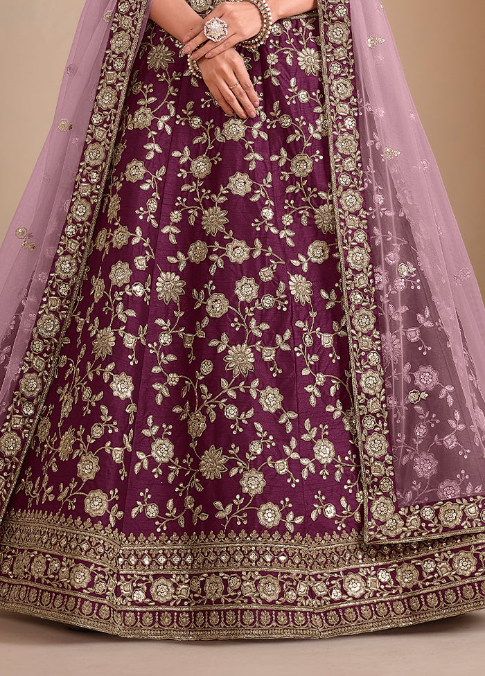 3 Pc Wine Silk Semi Stitched Lehenga Set