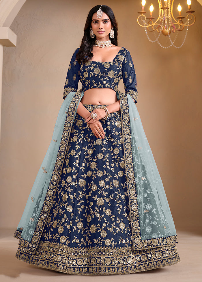 3 Pc Blue Silk Semi Stitched Lehenga Set