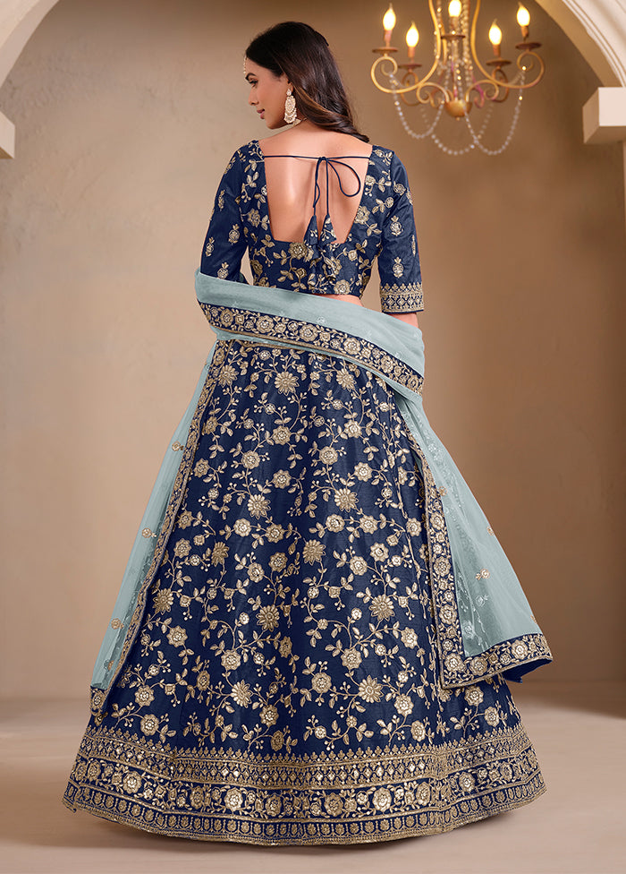 3 Pc Blue Silk Semi Stitched Lehenga Set