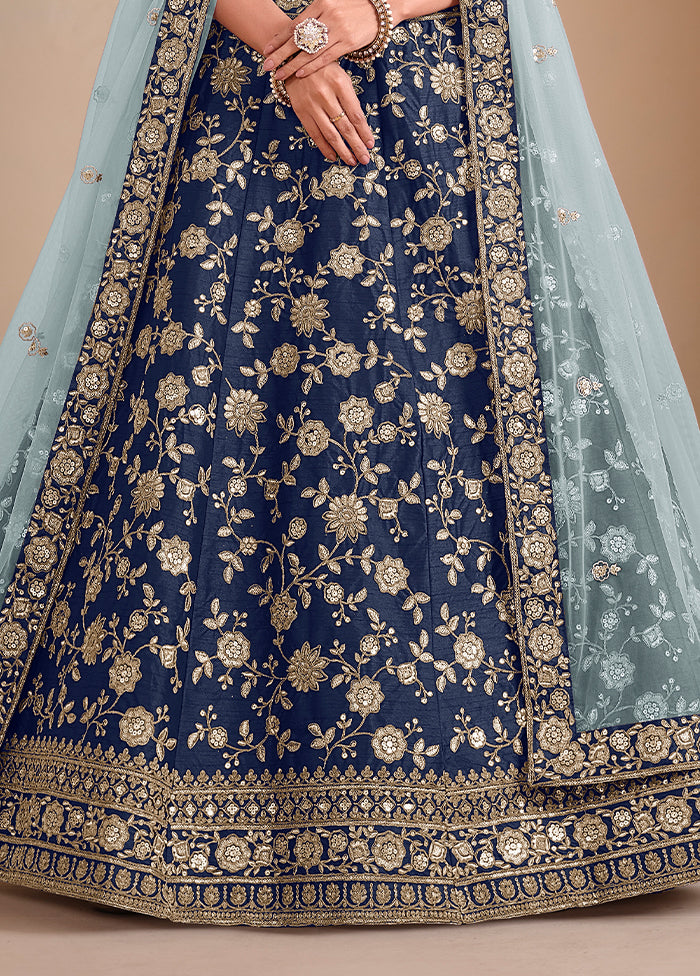 3 Pc Blue Silk Semi Stitched Lehenga Set