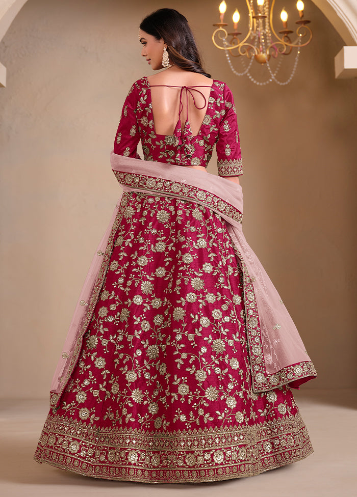 3 Pc Maroon Silk Semi Stitched Lehenga Set