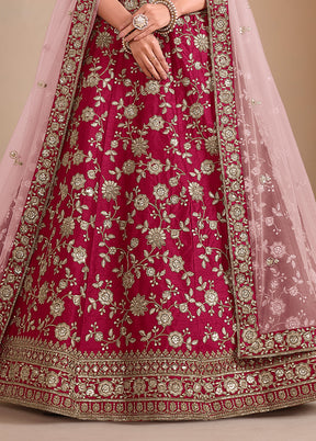 3 Pc Maroon Silk Semi Stitched Lehenga Set