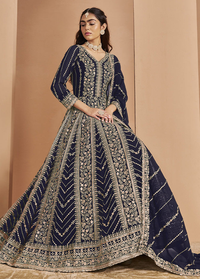 3 Pc Blue Semi Stitched Georgette Suit Set