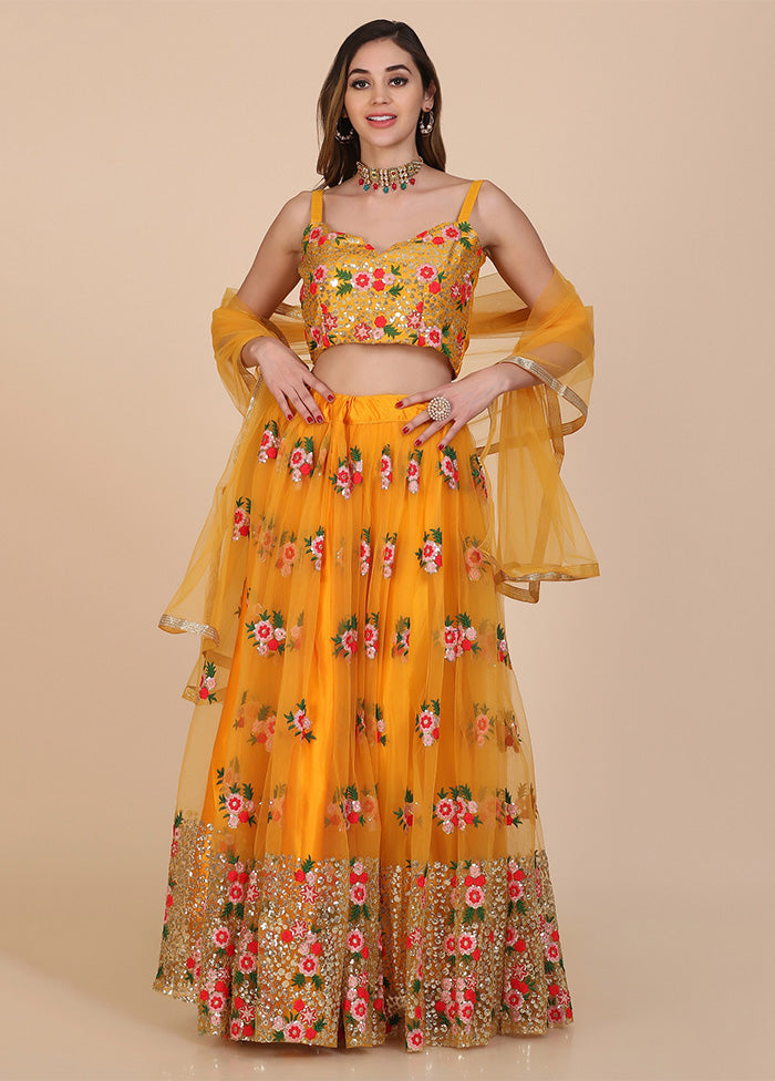 3 Pc Yellow Net Semi Stitched Lehenga Set