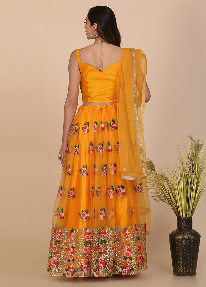 3 Pc Yellow Net Semi Stitched Lehenga Set