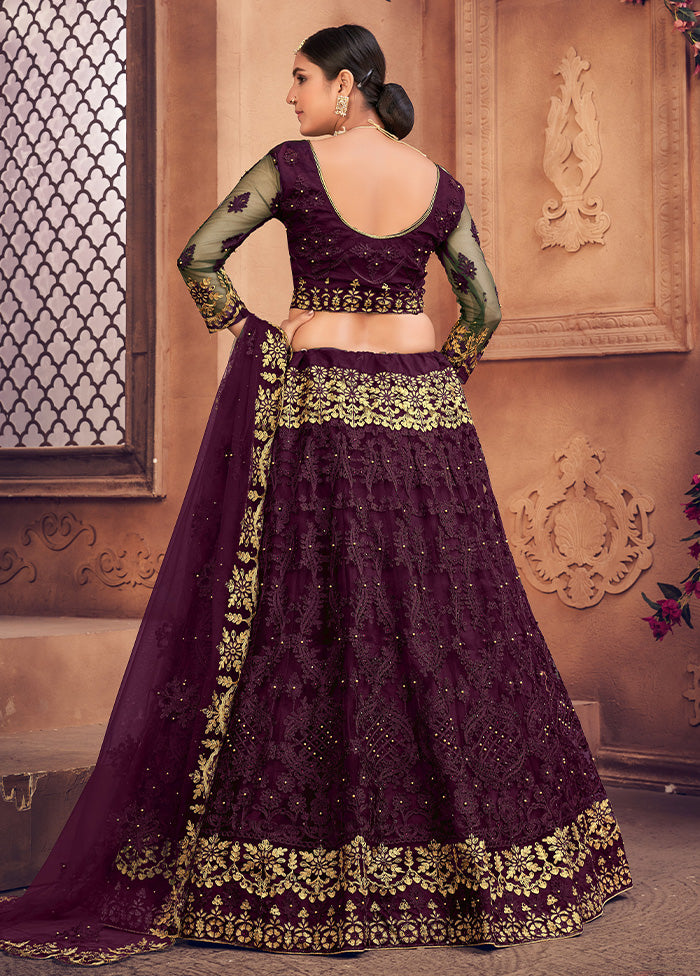 3 Pc Purple Net Semi Stitched Lehenga Set