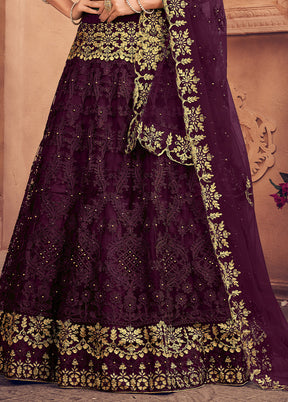 3 Pc Purple Net Semi Stitched Lehenga Set