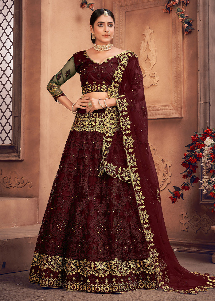 3 Pc Maroon Net Semi Stitched Lehenga Set