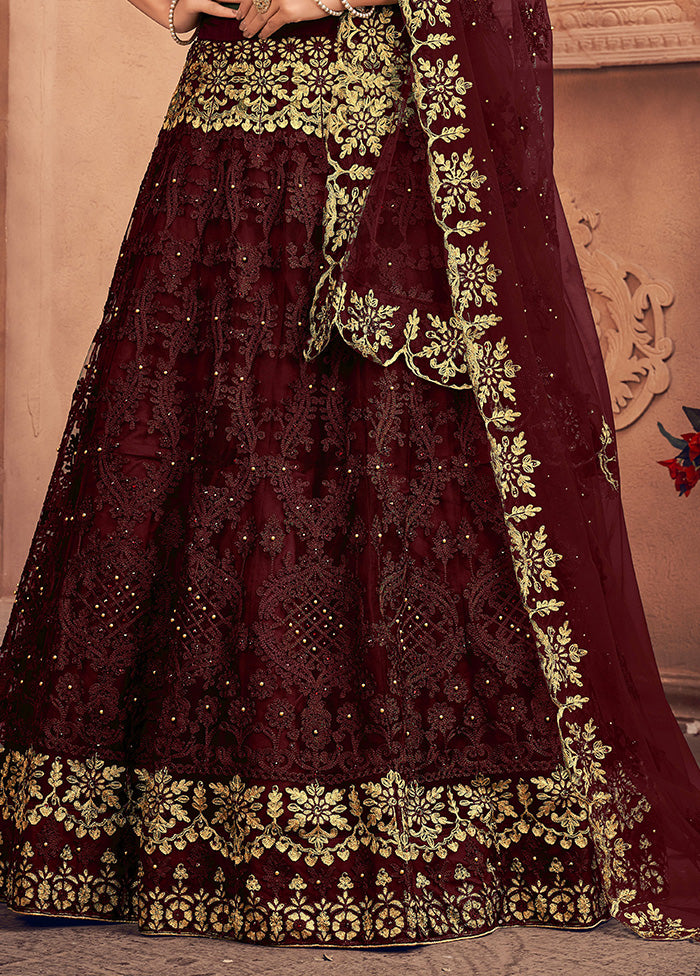 3 Pc Maroon Net Semi Stitched Lehenga Set