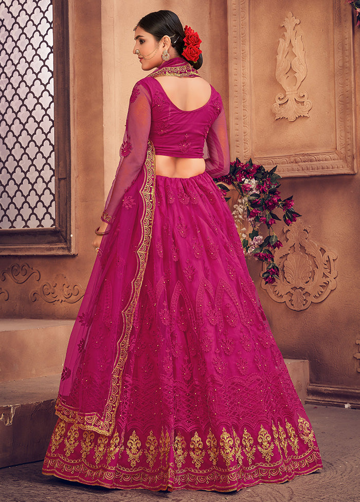 3 Pc Pink Net Semi Stitched Lehenga Set