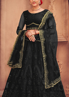 3 Pc Black Net Semi Stitched Lehenga Set