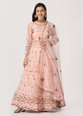 3 Pc Pink Net Semi Stitched Lehenga Set