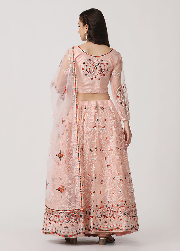 3 Pc Pink Net Semi Stitched Lehenga Set