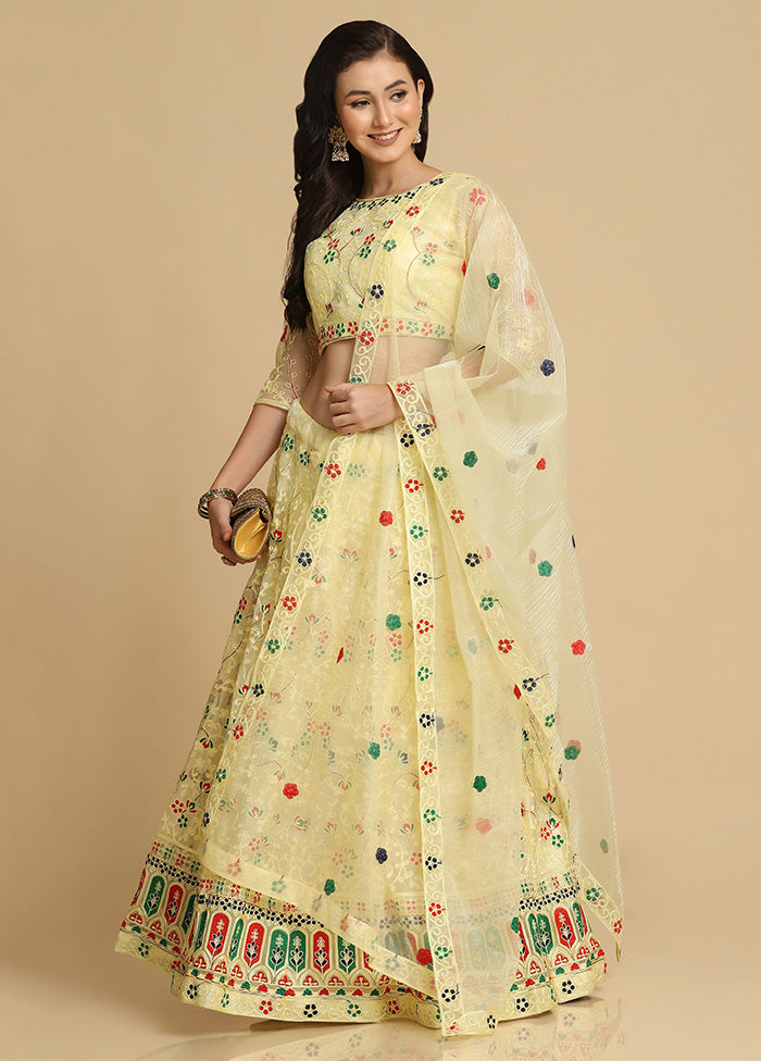 3 Pc Yellow Net Semi Stitched Lehenga Set