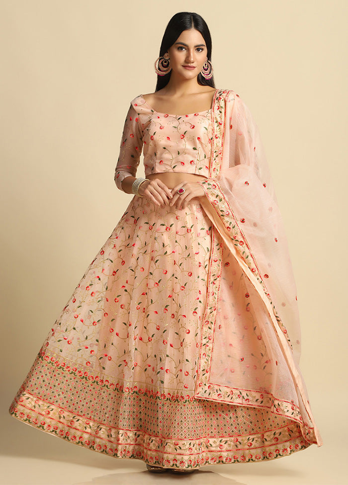 3 Pc Peach Net Semi Stitched Lehenga Set