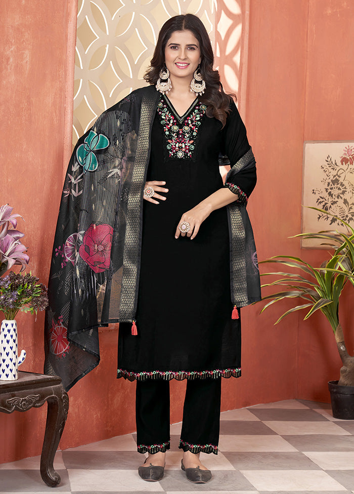 3 Pc Black Readymade Silk Suit Set