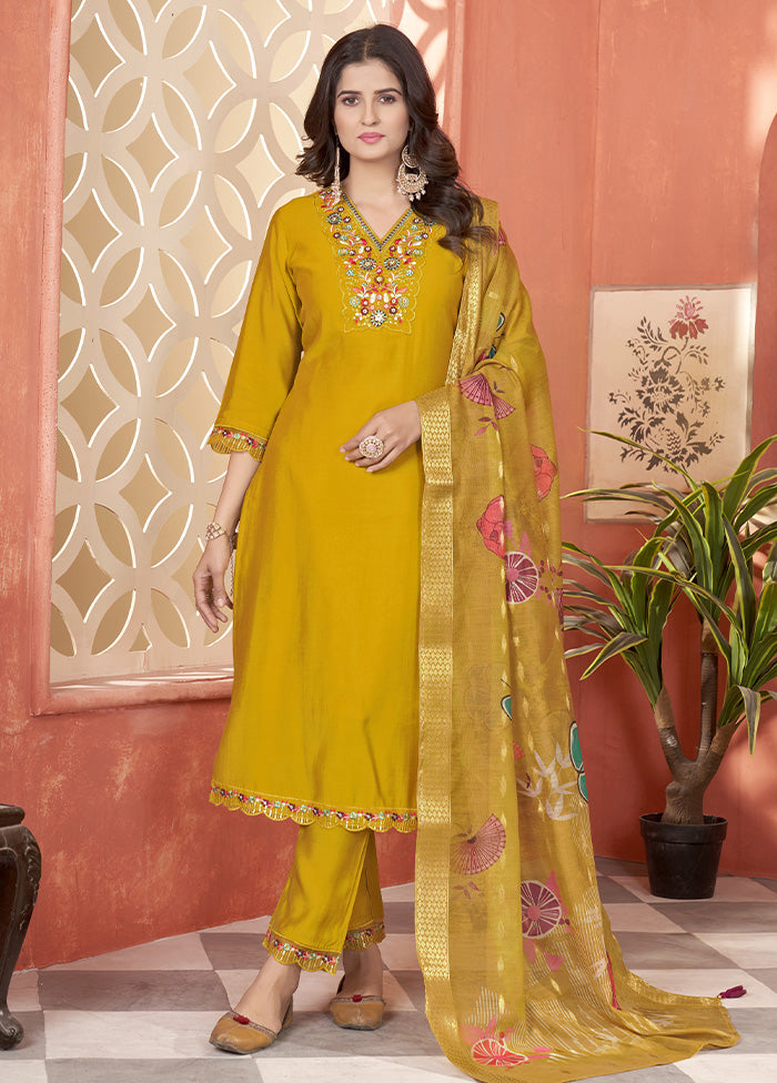 3 Pc Mustard Readymade Silk Suit Set