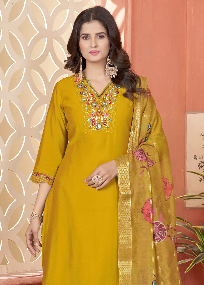 3 Pc Mustard Readymade Silk Suit Set