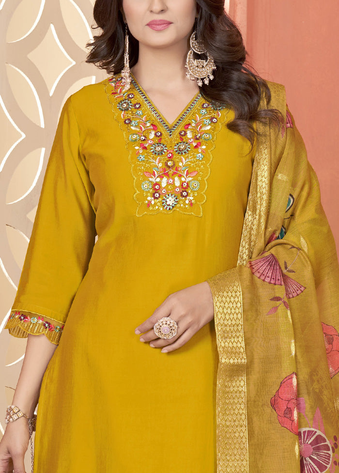 3 Pc Mustard Readymade Silk Suit Set