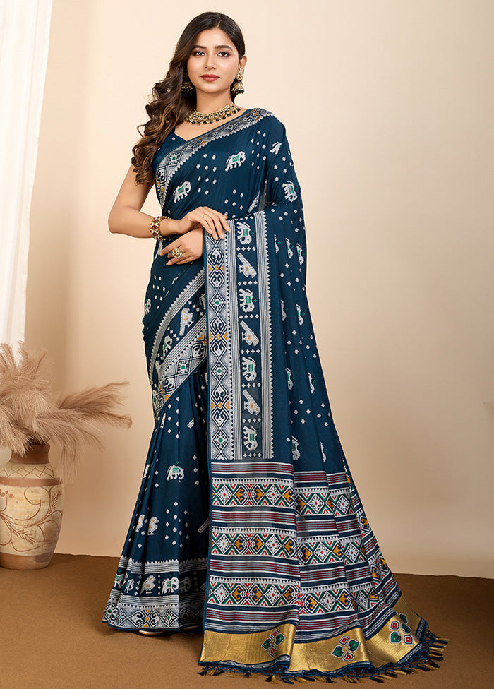 Blue Spun Silk Saree With Blouse Piece