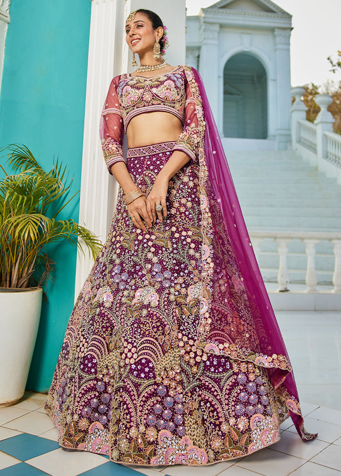 3 Pc Burgundy Net Semi Stitched Lehenga Set