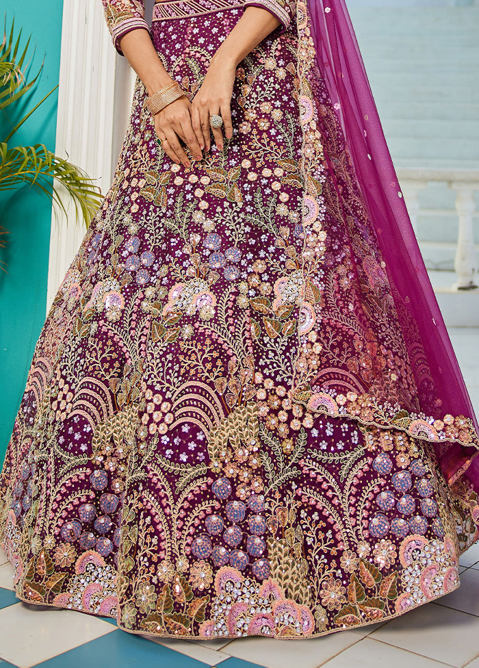 3 Pc Burgundy Net Semi Stitched Lehenga Set