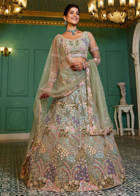 3 Pc Sea Green Net Semi Stitched Lehenga Set