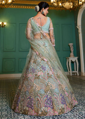 3 Pc Sea Green Net Semi Stitched Lehenga Set