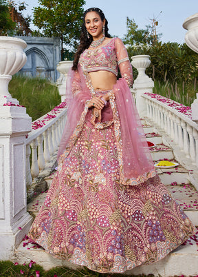 3 Pc Pink Net Semi Stitched Lehenga Set