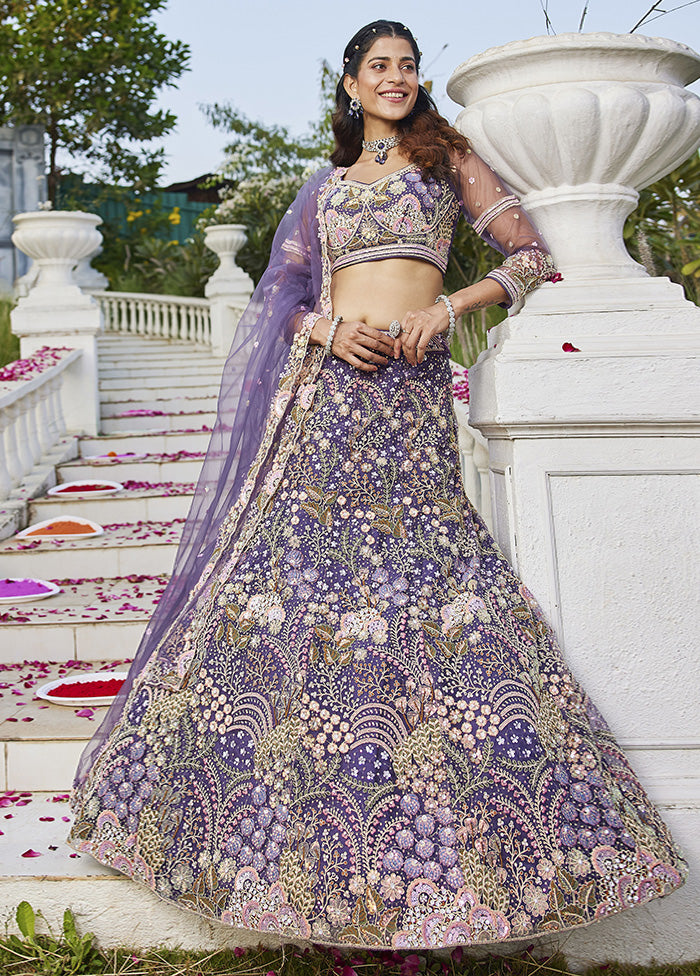 3 Pc Purple Net Semi Stitched Lehenga Set