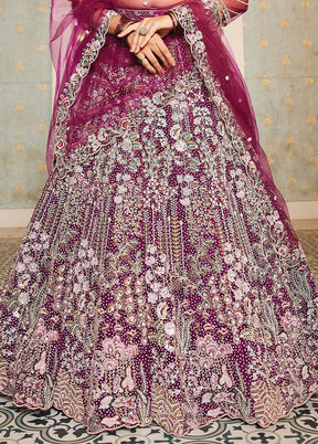 3 Pc Burgundy Net Semi Stitched Lehenga Set