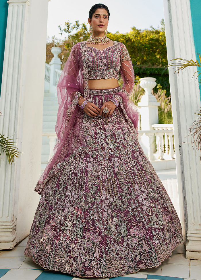 3 Pc Lavender Net Semi Stitched Lehenga Set