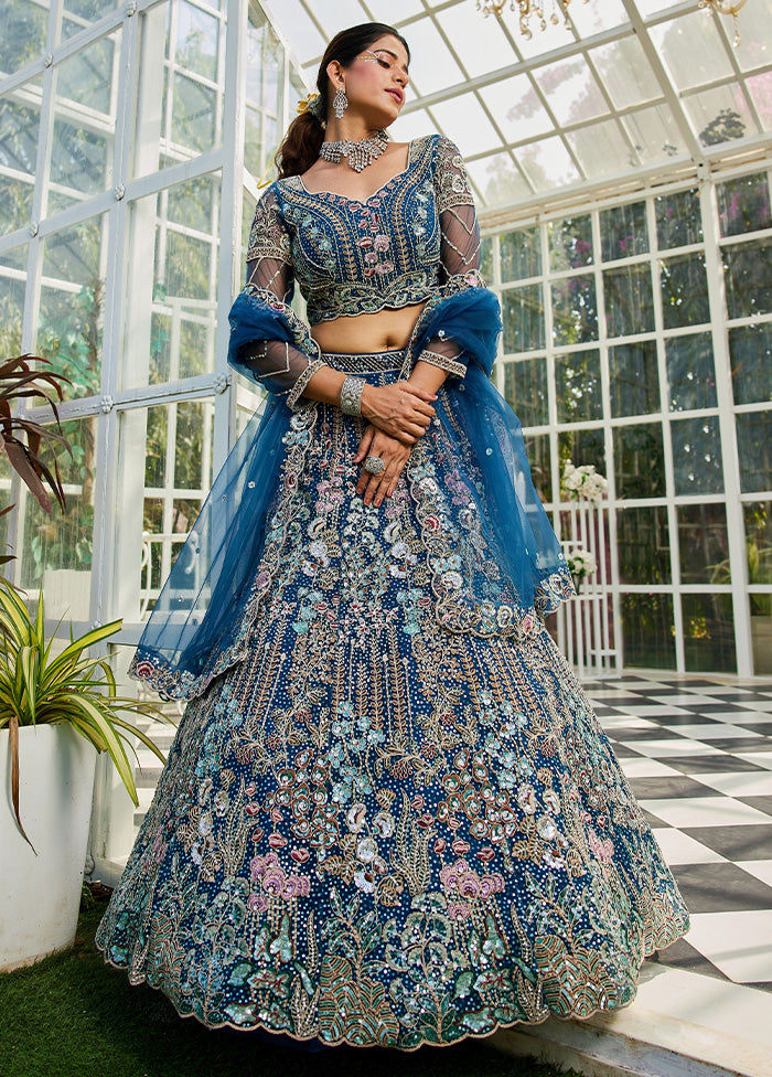 3 Pc Blue Net Semi Stitched Lehenga Set