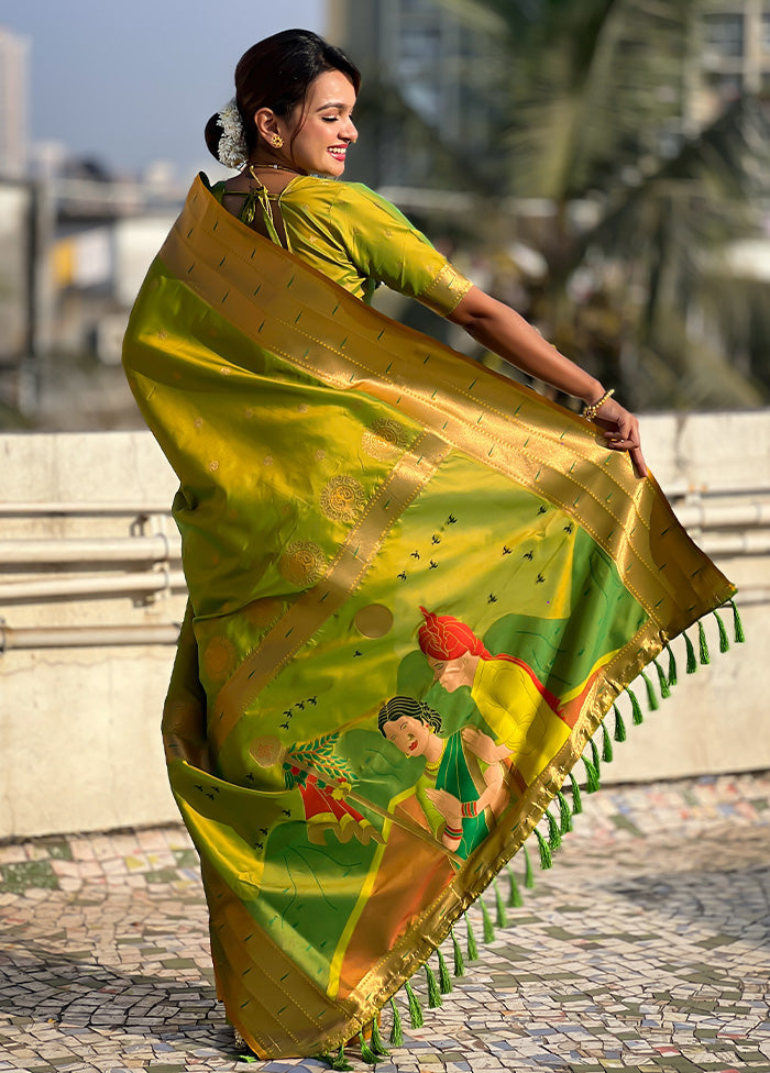 Parrot Green Spun Silk Saree With Blouse Piece