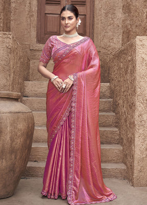 Pink Satin Silk Saree With Blouse Piece