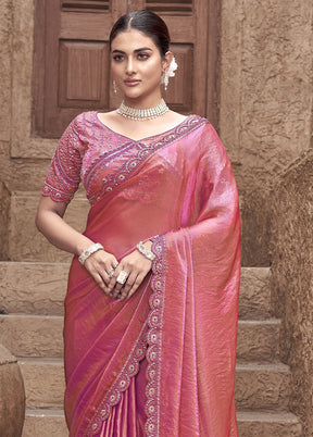 Pink Satin Silk Saree With Blouse Piece