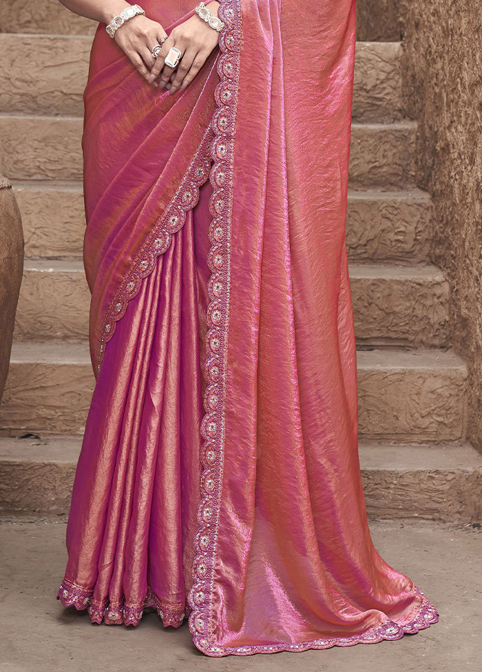 Pink Satin Silk Saree With Blouse Piece