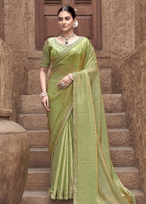 Green Satin Silk Saree With Blouse Piece