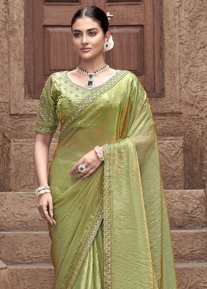 Green Satin Silk Saree With Blouse Piece