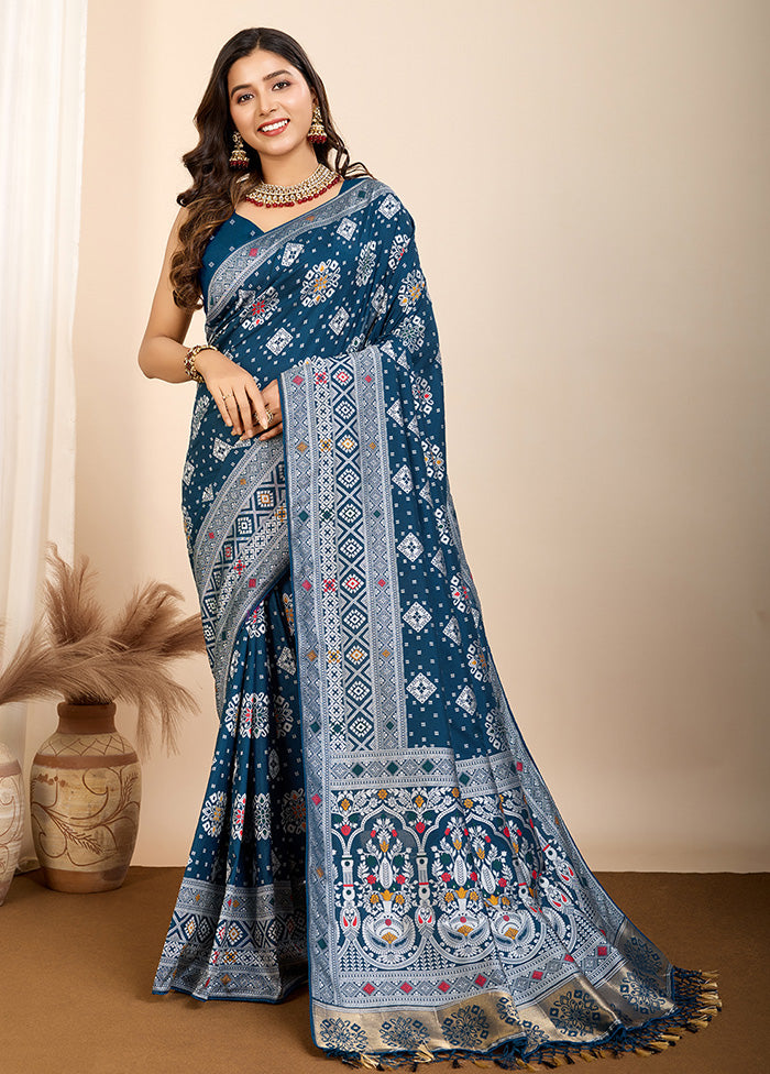 Teal Blue Spun Silk Saree With Blouse Piece