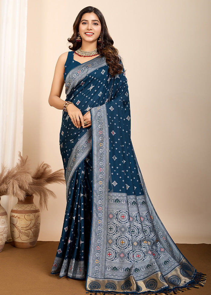 Teal Blue Spun Silk Saree With Blouse Piece