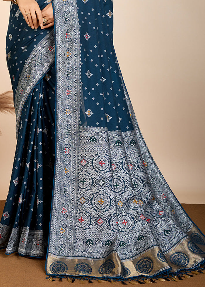 Teal Blue Spun Silk Saree With Blouse Piece