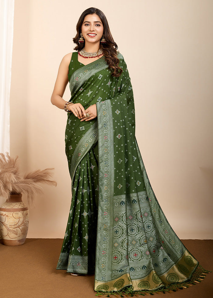 Olive Green Spun Silk Saree With Blouse Piece